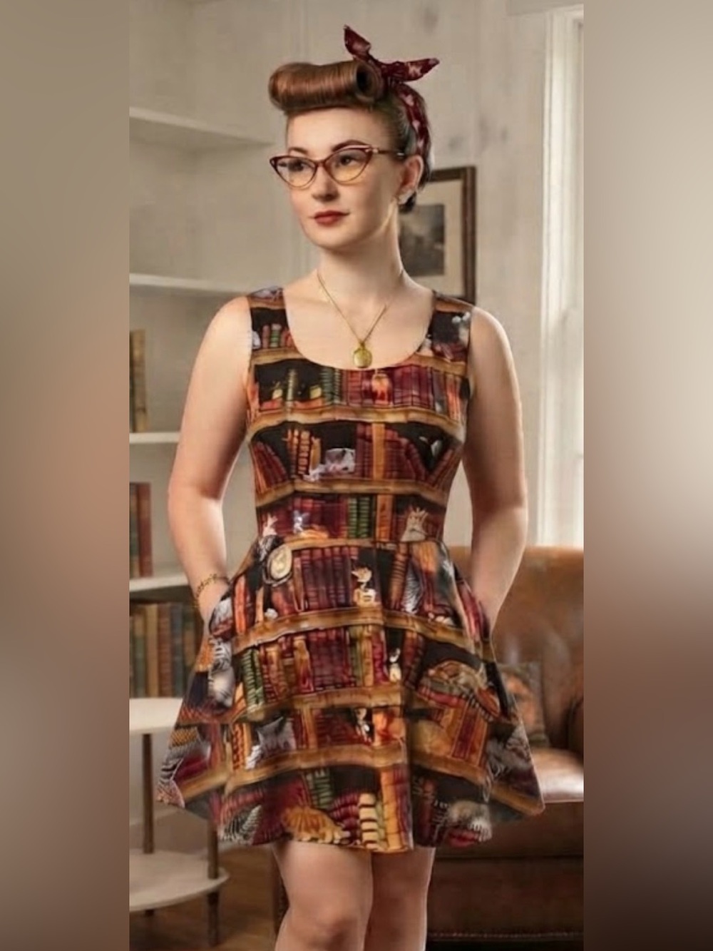 Retrolicious Library Cat Shelf Fit-and-Flare Dress in Brown and Black